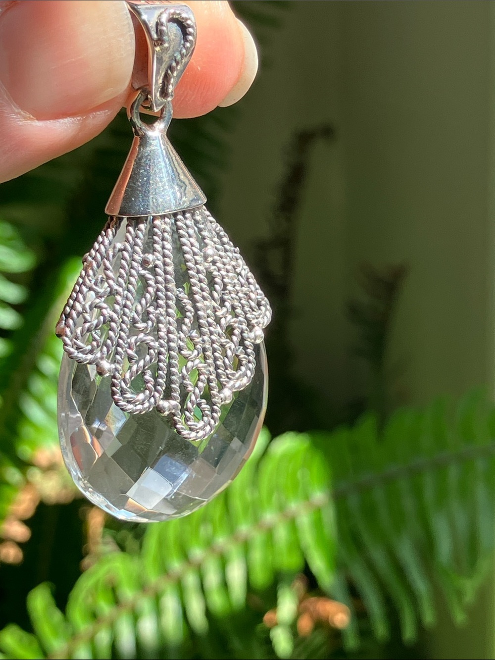 Sterling Silver Filigree Teardrop Crystal Pendant - Clear